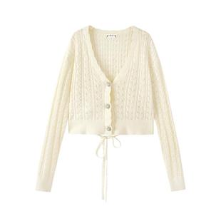 PIT复古法式浪漫V领针织开衫女秋季新款空调衫薄款罩衫上衣