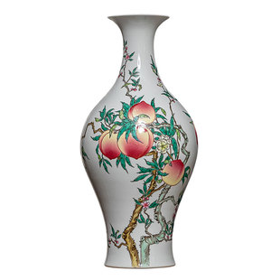 景德镇陶瓷花瓶粉彩仿古寿桃瓷瓶客厅摆件中式手绘瓷器博古架装饰