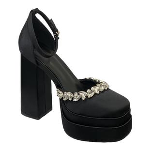 一字带防水台高跟鞋女粗跟方头小个子凉鞋12cm走秀T台鞋恨天高鞋