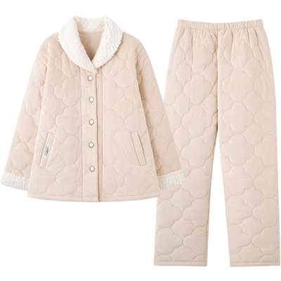 加厚三层夹棉睡衣女冬季高档套装