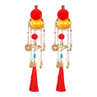 古风新年铜钱元宝毛球招财发夹对夹头饰掩鬓流苏夹子喜庆日常