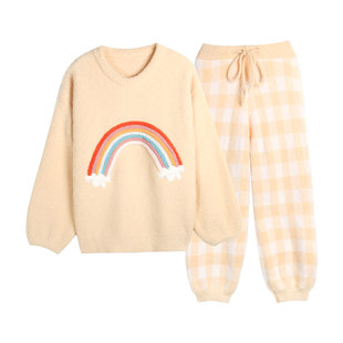 彩虹睡衣女秋冬珊瑚绒加厚可爱2022年新款冬季家居服女可外穿套装
