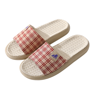 日系情侣四季居家格子亚麻防臭拖鞋厚底软底透气防滑吸汗静音抑菌