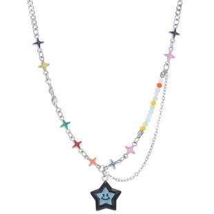 蓝色星星笑脸吊坠项链女轻奢小众锁骨毛衣链多巴胺串珠高级感配饰