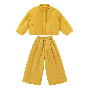 女童冬装黄色棉服套装大童女孩韩系休闲加厚保暖棉衣阔腿棉裤冬款