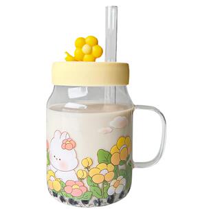 卡通高硼硅耐热玻璃杯花与兔带硅胶盖梅森杯大容量加粗吸管牛奶杯
