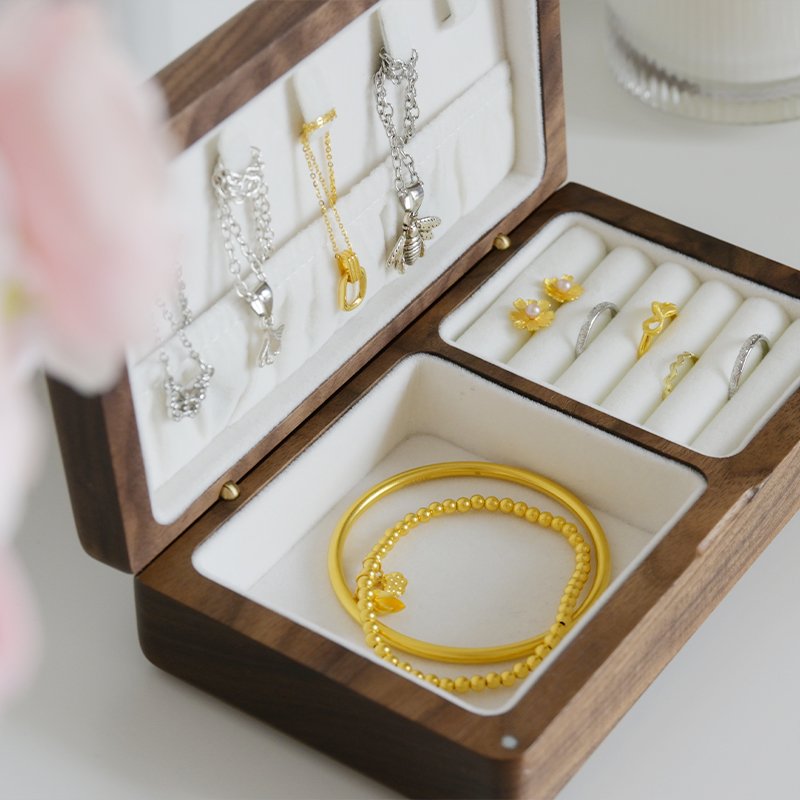 黑胡桃木首饰盒单层三金首饰收纳高档复古木质项链戒指手饰盒便携