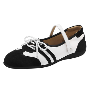MILLIE'S/妙丽黑白拼色德训鞋女蝴蝶结一字带玛丽珍女鞋平底单鞋