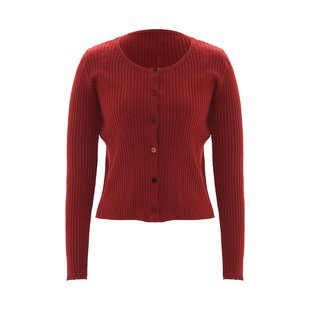 IAmMIX27圆领针织开衫女简约撞色百搭基础款镂空提花绵羊毛上衣女