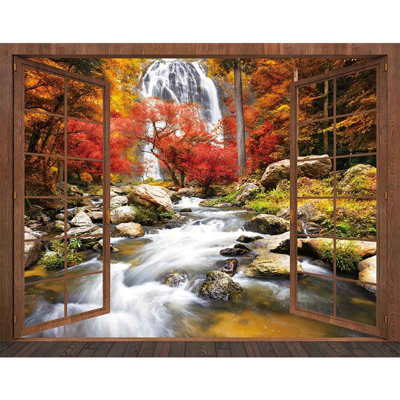 唯美仿真黑胡桃木假窗戶貼畫裝飾森林瀑布風(fēng)景3d自粘墻壁畫背景墻