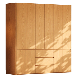 国补原木风实木衣柜橡木分段组合大衣橱卧室家用定制圆弧边储物柜