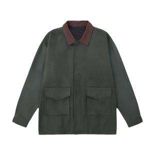 复古军绿色工装风衣外套女25年秋冬季宽松设计感撞色翻领美式夹克