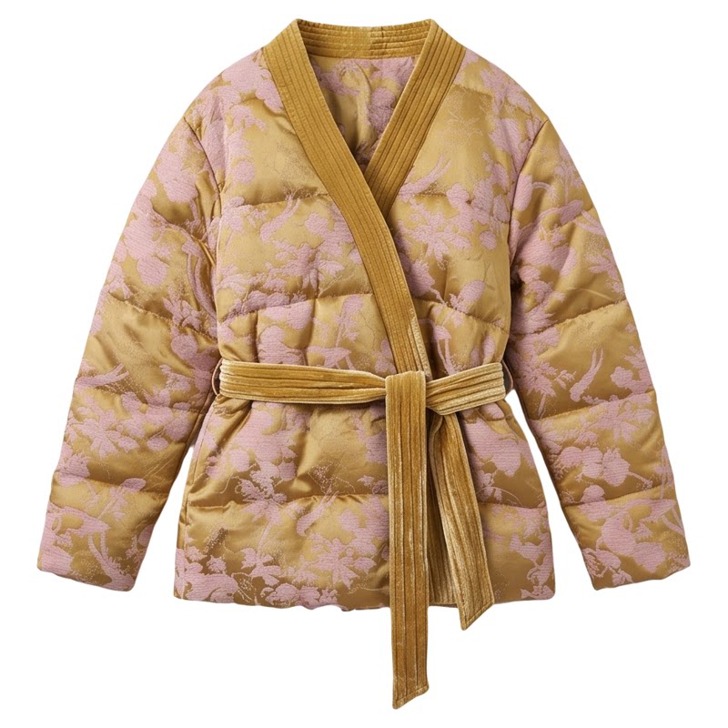 “浮光跃金”剪纸花撞色提花真丝缎面金色白鹅绒小羽绒服外套