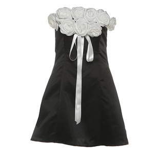 怪诞女孩 绝美精致立体玫瑰拼接抹胸连衣裙女 轻奢生日晚礼服短裙
