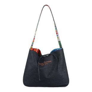 法国Montaigne/蒙田中古风双面牛仔单肩包拼色民族风大容量托特包