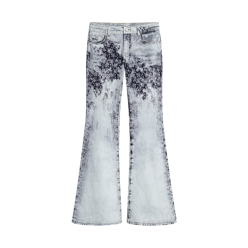 Desigual26秋冬新品白蓝晕染水洗做旧碎花印花微喇女式牛仔裤