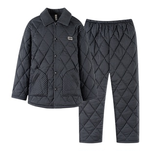 睡衣男款秋冬季三层加厚加绒梭织纯棉夹棉袄冬款珊瑚绒超厚家居服