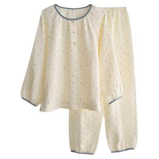 日系彩点套头睡衣女士春秋夏季纯棉纱布薄款宽松长袖家居服套装