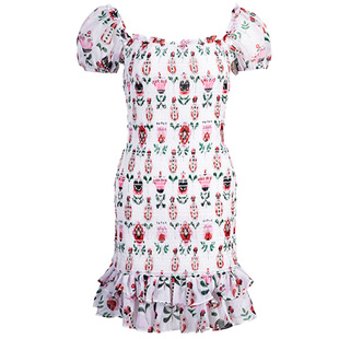 LEEDY＆ME一字肩甜美活泼打揽印花修身短款连衣裙泡泡袖小礼服裙