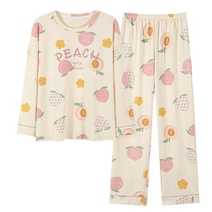 浪莎睡衣女款带胸垫一体长袖春秋季纯棉薄款套头大码家居服两件套