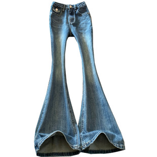 美式复古高腰微喇牛仔裤女春季新款水洗修身显瘦喇叭裤长裤浅蓝色