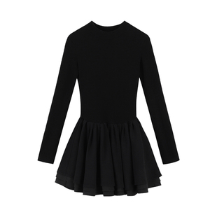 愉悦喻悦黑色长袖连衣裙女春季纯欲收腰显瘦小黑裙高级气质蓬蓬裙