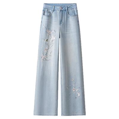 浅色新中式彩花刺绣牛仔裤