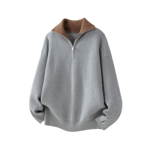 MSD 拼色半拉链翻领毛衣男款秋冬新款套头宽松高领针织衫外穿上衣