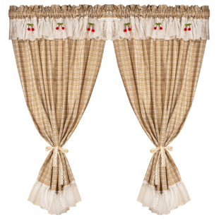 免打孔格子美式半遮光少女卧室飘窗窗帘半帘门帘蕾丝花边厨房遮挡