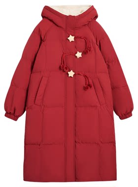紫涵长款红色毛绒兔耳连帽羽绒服女士冬季新款五角星盘扣鸭绒外套