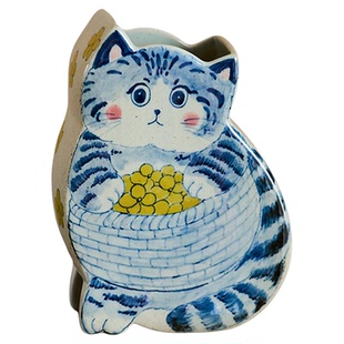 景德镇釉下彩青花创意猫形可爱插花花器可养鲜花手绘猫咪小摆件