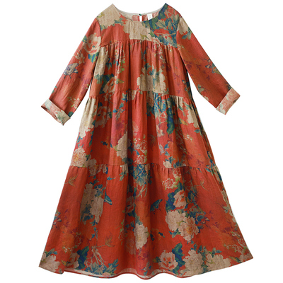 复古怀旧亚麻连衣裙女秋季印花裙