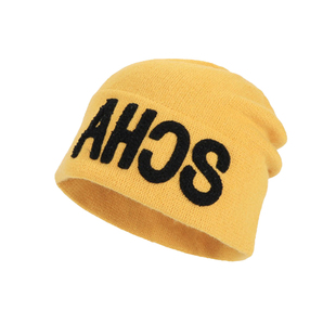 黄色字母刺绣针织帽女冬季加厚防寒护耳冷帽显脸小堆堆帽毛线帽子