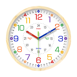 高宅儿童早教简约学习挂钟静音实木钟表客厅书房家用免打孔挂墙钟