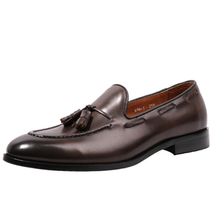 优100复古英伦风流苏套脚乐福一脚蹬男士商务正装皮鞋意大利棕色