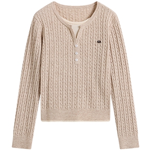 KBNE学院风假两件针织衫女2025秋冬季新款立体绞花针织上衣羊毛衫