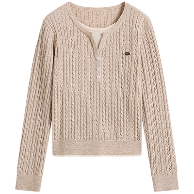 KBNE学院风假两件针织衫女2025秋冬季新款立体绞花针织上衣羊毛衫