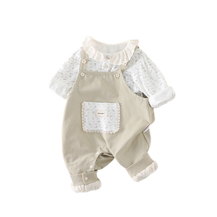 女宝宝背带裤套装春季婴幼儿花边连体衣女孩洋气可爱春装2025新款