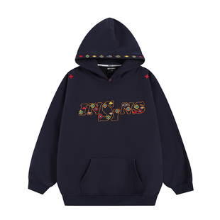 INSstudios 国潮牌情侣美式民族风LOGO刺绣卫衣宽松加绒连帽衫男