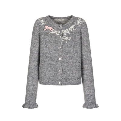灰色圆领蝴蝶结毛衣开衫