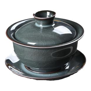 青瓷手工三才盖碗茶杯大号龙泉功夫茶具铁胎冰裂陶瓷泡茶单个家用