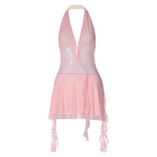 度假风性感深V蕾丝拼接挂脖吊带连衣裙2026春夏新款辣妹飘带短裙