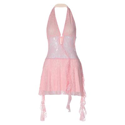 性感蕾丝纯色飘带挂脖吊带连衣裙