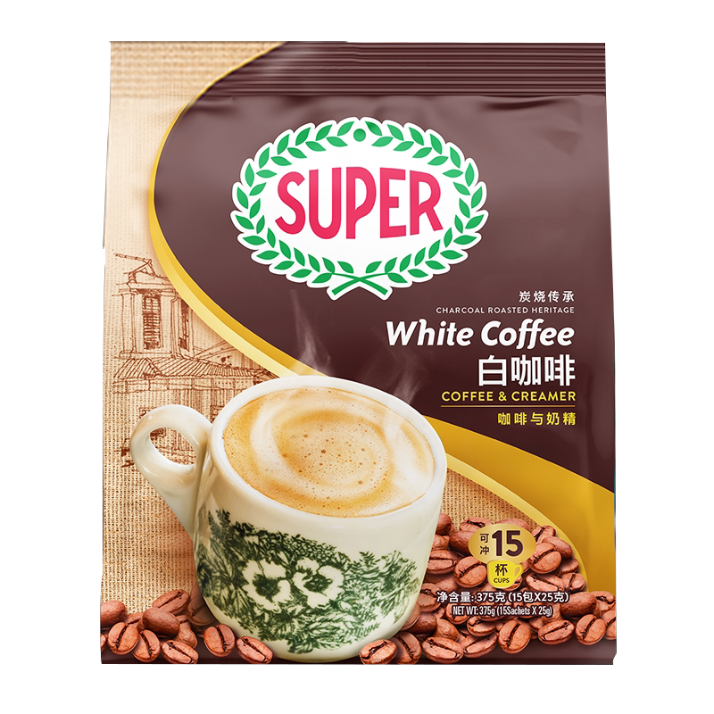 马来西亚super超级炭烧白咖啡二合一无蔗糖添加速溶咖啡240g*3袋
