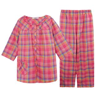 美标【100%全纯棉】旗舰店圆领睡衣春秋女士短袖九分长裤梭织格子