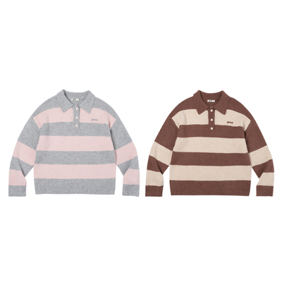 撞色条纹翻领马海毛polo衫毛衣