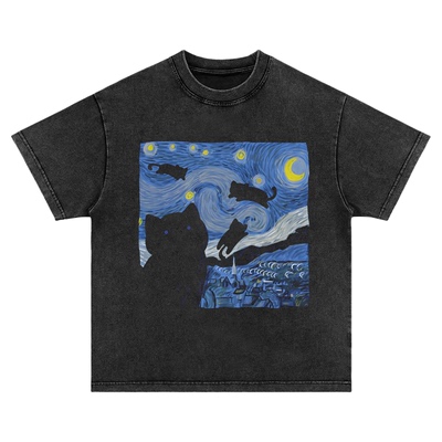 美式复古Vintage tee 梵高猫猫星月夜 水洗做旧纯棉短袖t恤男女