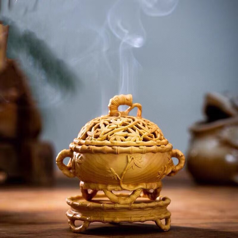 黄杨木雕竹节香炉香道用品竹节香炉节节高升家居饰品中式实木摆件