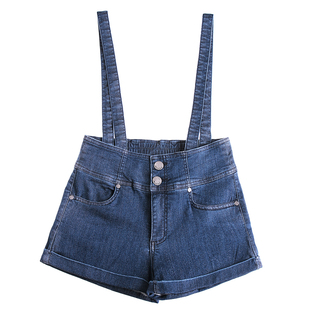 海让路高腰背带牛仔短裤女2025夏薄款显瘦可拆卸吊带翻边深蓝清仓