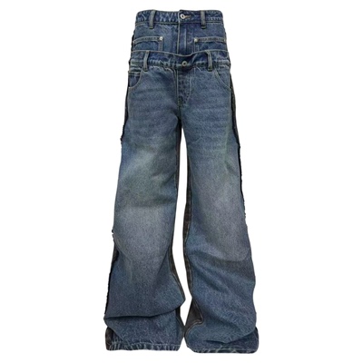 DETW双腰拼接设计感Baggy牛仔裤